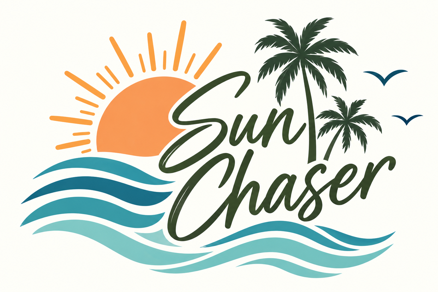 Sun Chaser artwork with olive script, an orange sun, palm trees, birds and turquoise waves on an ivory background.