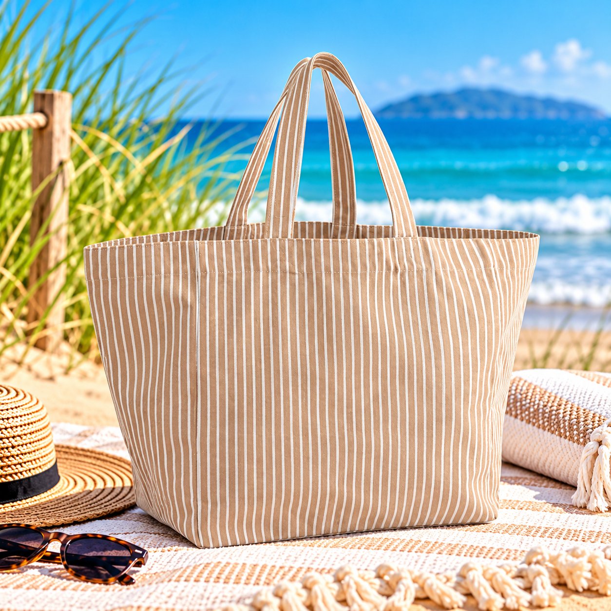 Biscuit Stripe Tote in biscuit-and-cream vertical stripes with long shoulder handles on a sunny beach.