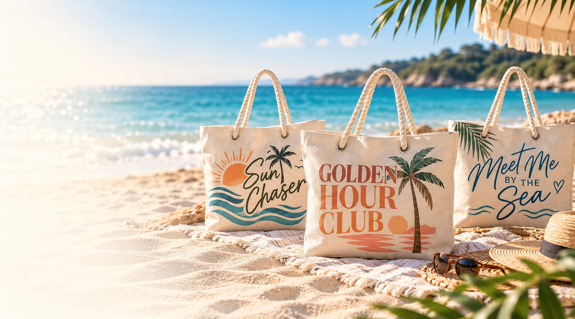 Three printed Tote & Tide beach bags on a sunny beach