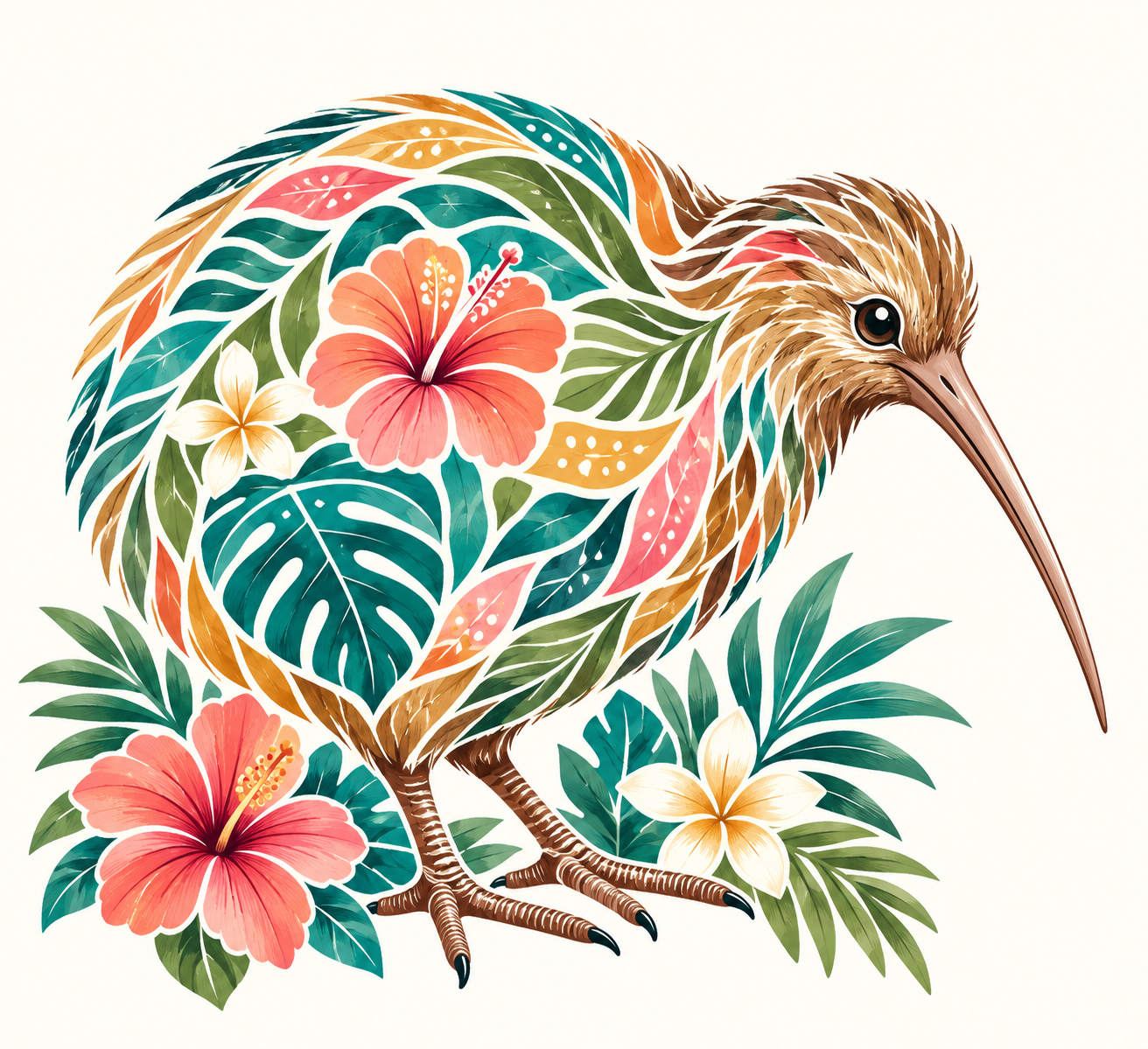 Kiwi Bird artwork with a colourful mosaic kiwi bird among tropical blooms on a cream background.