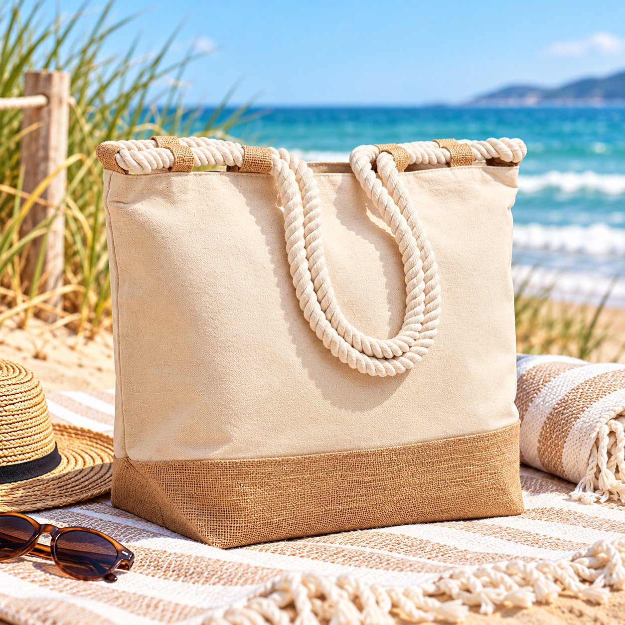 Coastal Canvas Tote in natural cotton canvas with jute base and rope handles on a sunny beach.