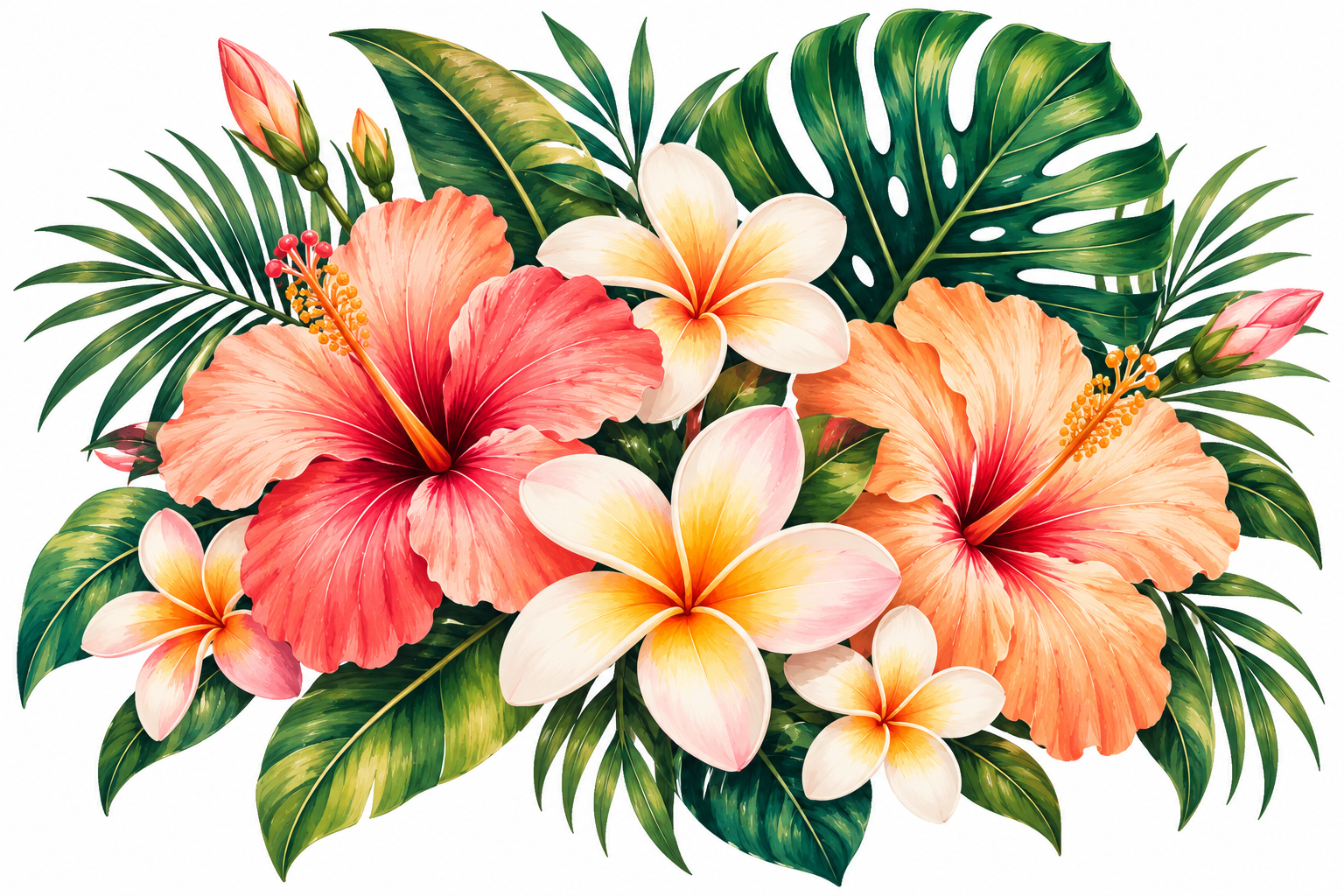 Tropical Hibiscus artwork with coral and peach hibiscus blooms, cream frangipani, pink buds and palm, monstera and banana leaves on a white field.