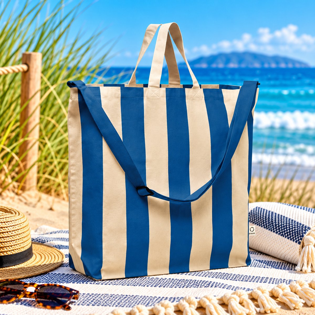 Coastal Explorer XL Tote in blue and natural stripes with adjustable shoulder strap.