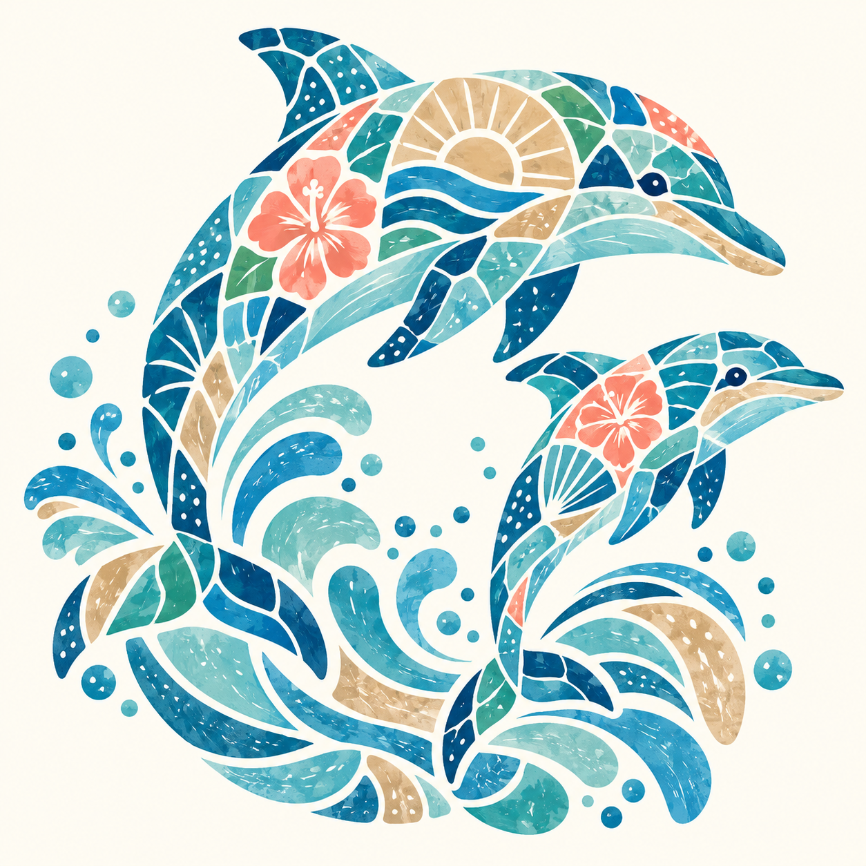 Dolphins artwork with mosaic-style dolphins riding turquoise ocean waves.