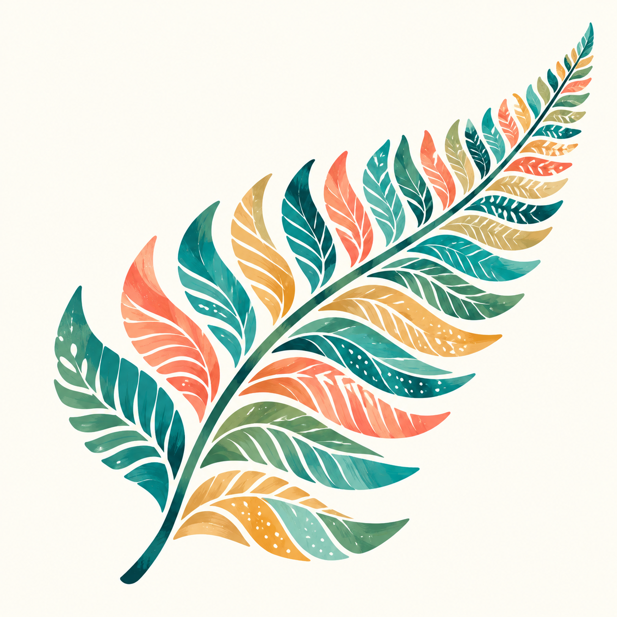 New Zealand Fern artwork with a colourful silver fern frond on a cream background.