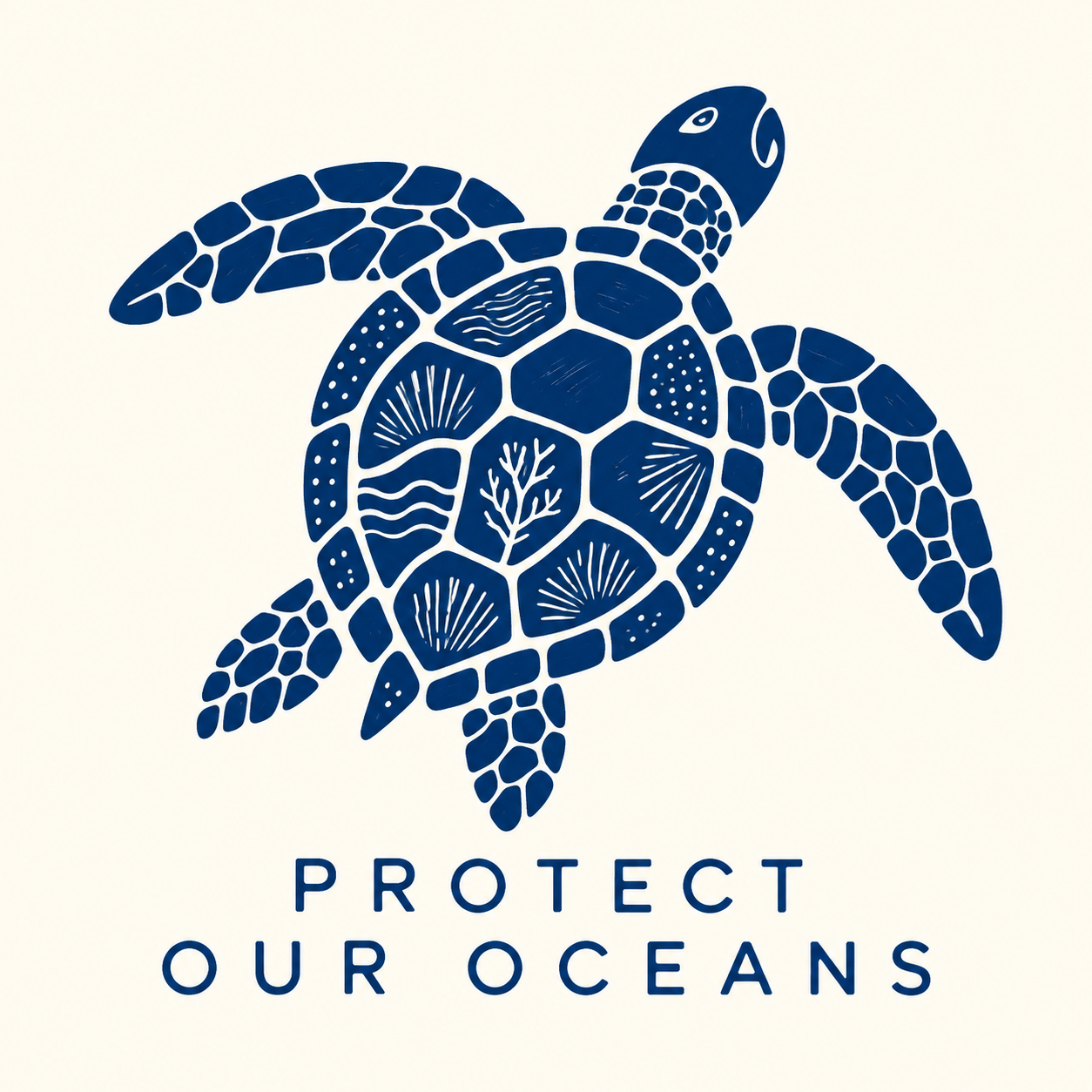 Protect Our Oceans artwork featuring a blue ocean-inspired turtle and lettering on a warm ivory background.