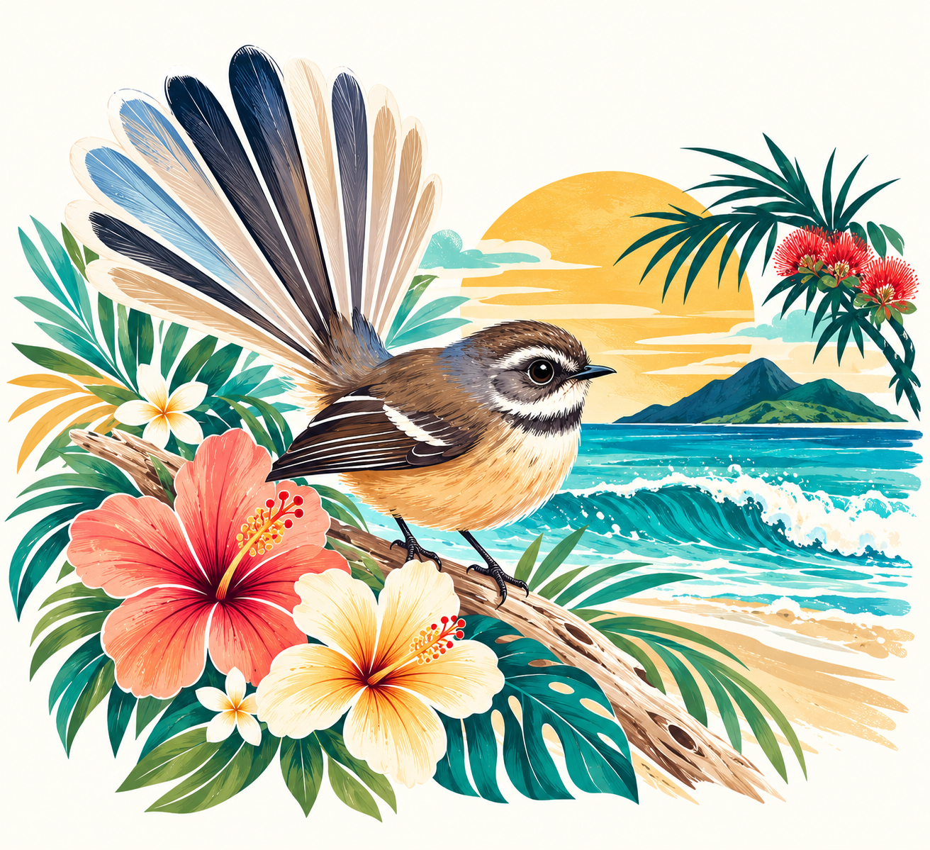 Summer Fantail artwork with a fantail bird by tropical shores on a cream background.