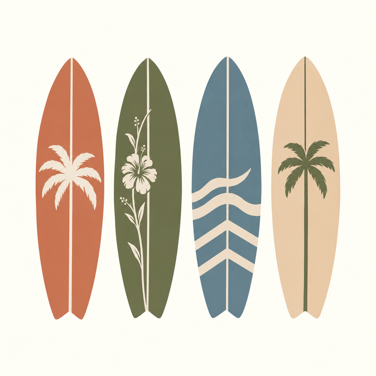 Surf Club artwork featuring four retro surfboards with palm, flower and wave motifs on an ivory background.