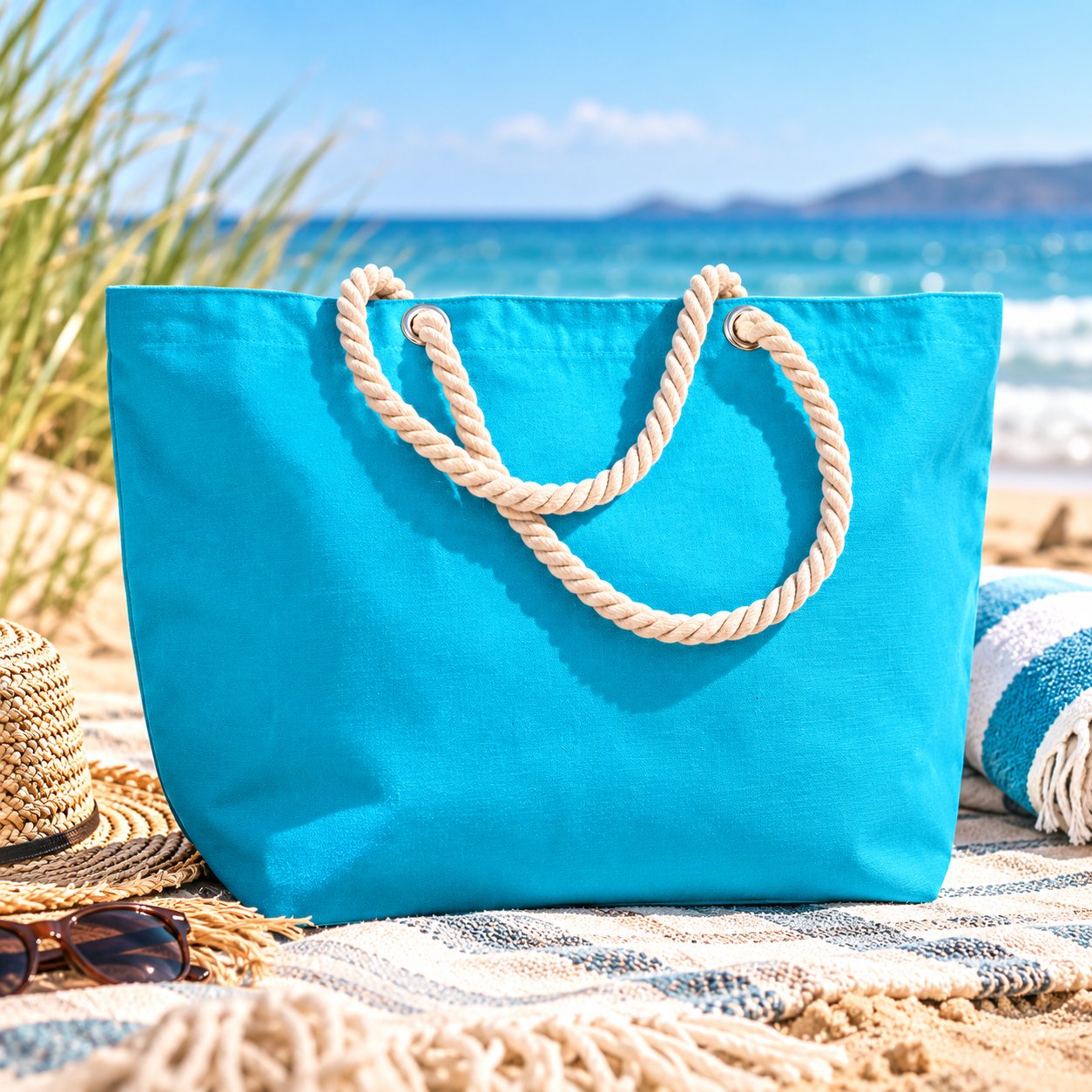 Coastal Colour Tote in turquoise with natural rope handles on a sunny beach.