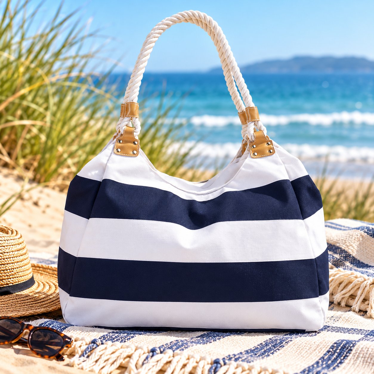 Riviera Stripe Tote in navy and white stripes with white rope handles and tan handle detailing on a sunny beach.