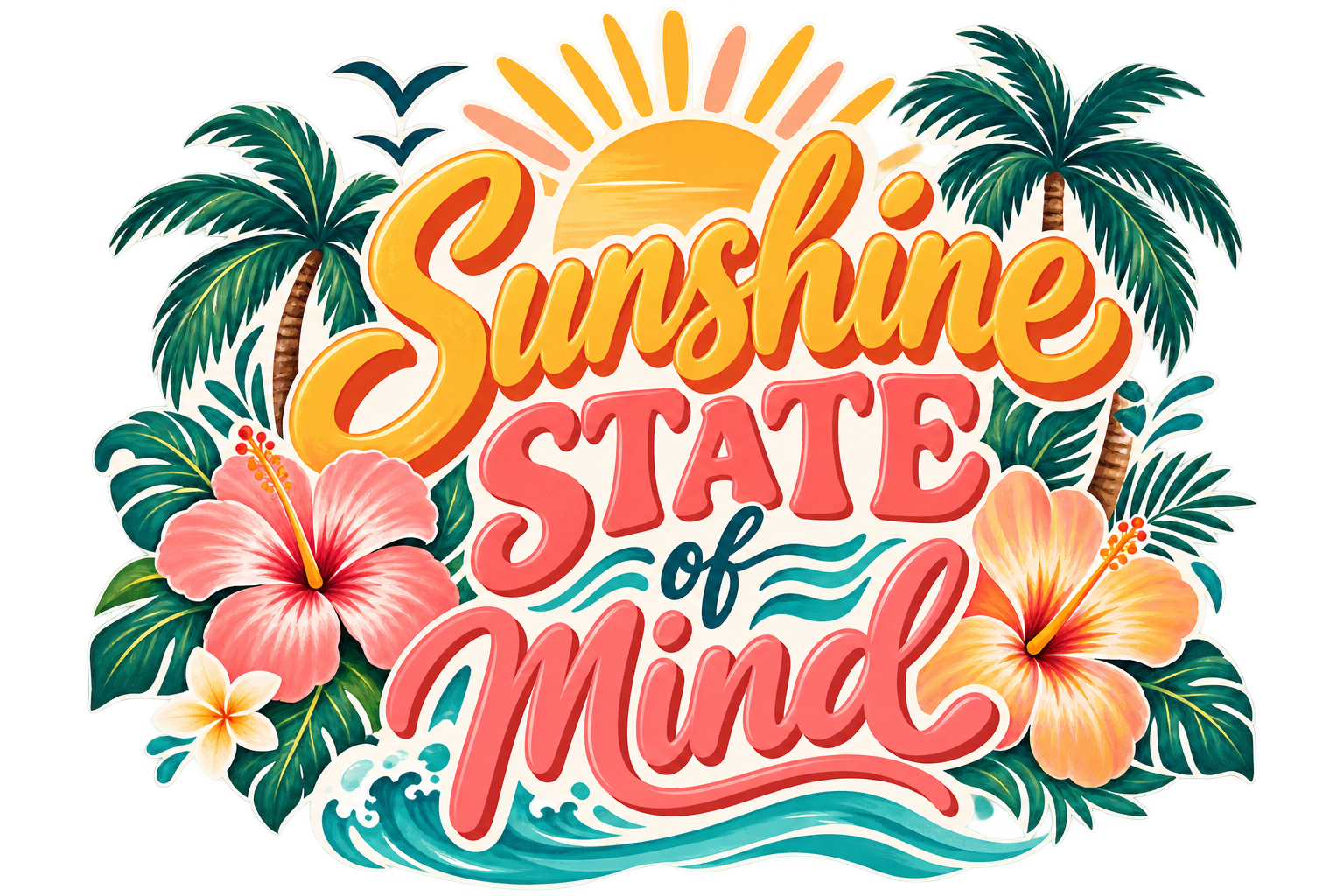 Sunshine State of Mind sticker artwork with a multicoloured sun, palm trees, seabirds, hibiscus and frangipani blooms, turquoise waves and colourful lettering on a cream background.