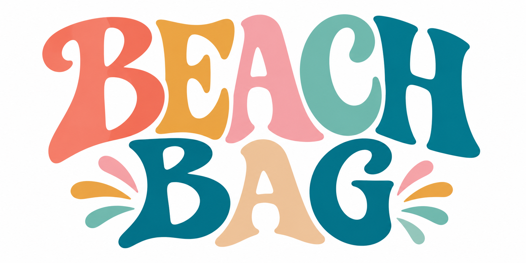 Beach Bag artwork with retro bubbly lettering in coral, pink, teal and peach with colourful accent rays.