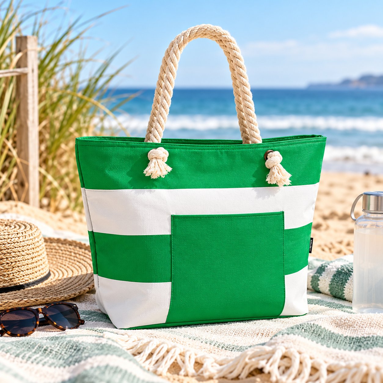 Coastal Breeze Cooler Tote in green and white horizontal stripes with rope handles and a front pocket.