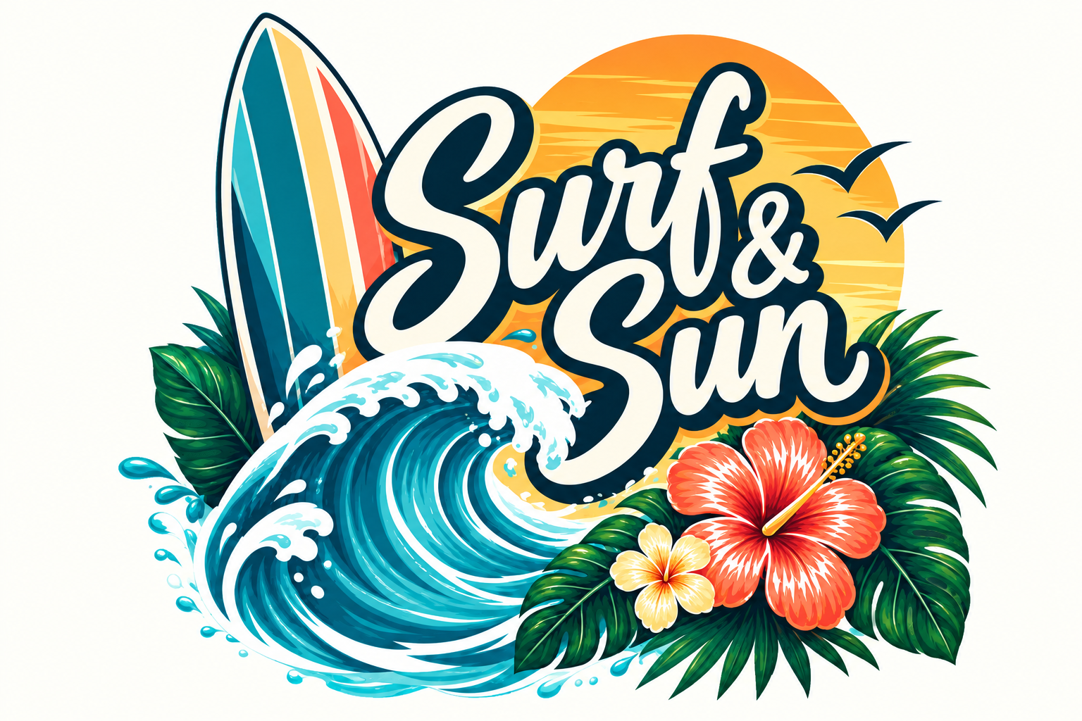 Surf & Sun artwork with cream script outlined in navy, a striped surfboard, golden sun, breaking turquoise wave and tropical flowers and leaves.