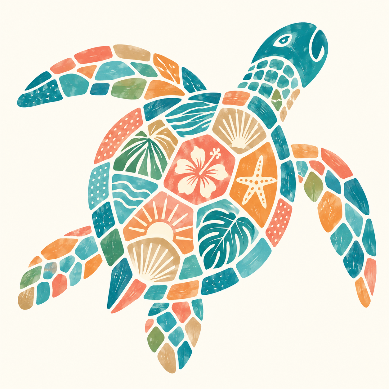 Sea Turtles artwork with a mosaic-style sea turtle in turquoise, teal and coral tones.