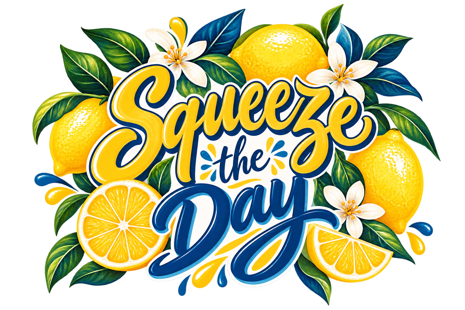 Squeeze the Day artwork with yellow lemons, a lemon wheel and wedge, white citrus blossoms, green leaves and yellow and blue juice drops with lemon-yellow and navy lettering on a cream background.
