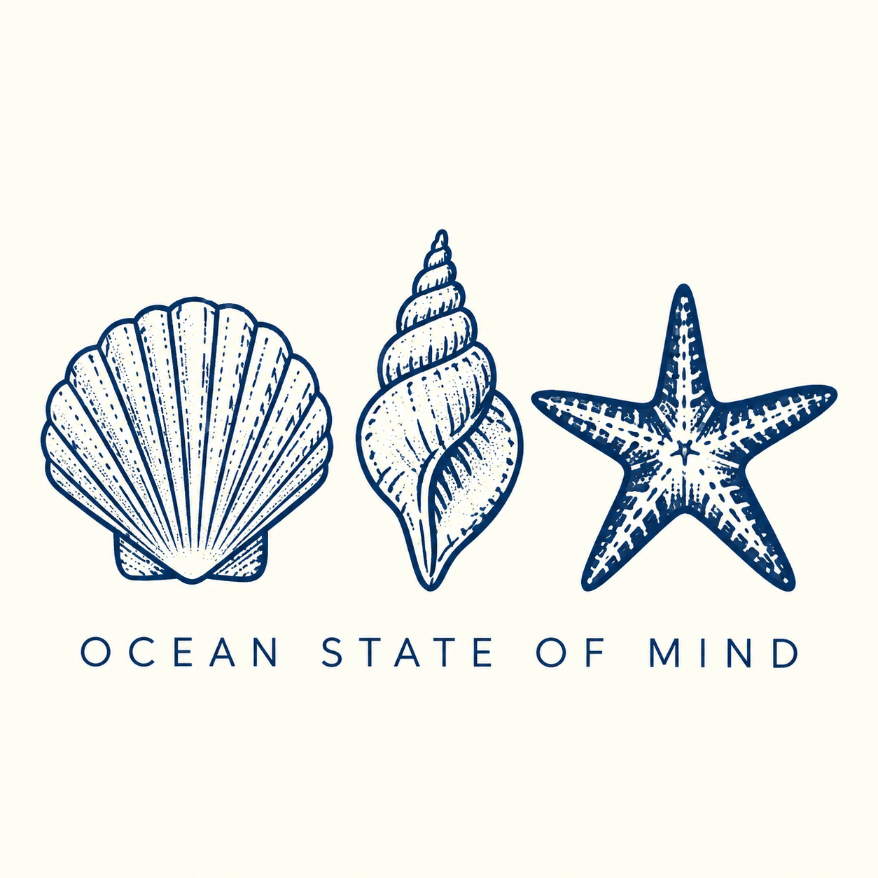 Ocean State of Mind artwork with navy seashells, a starfish and lettering on an ivory background.