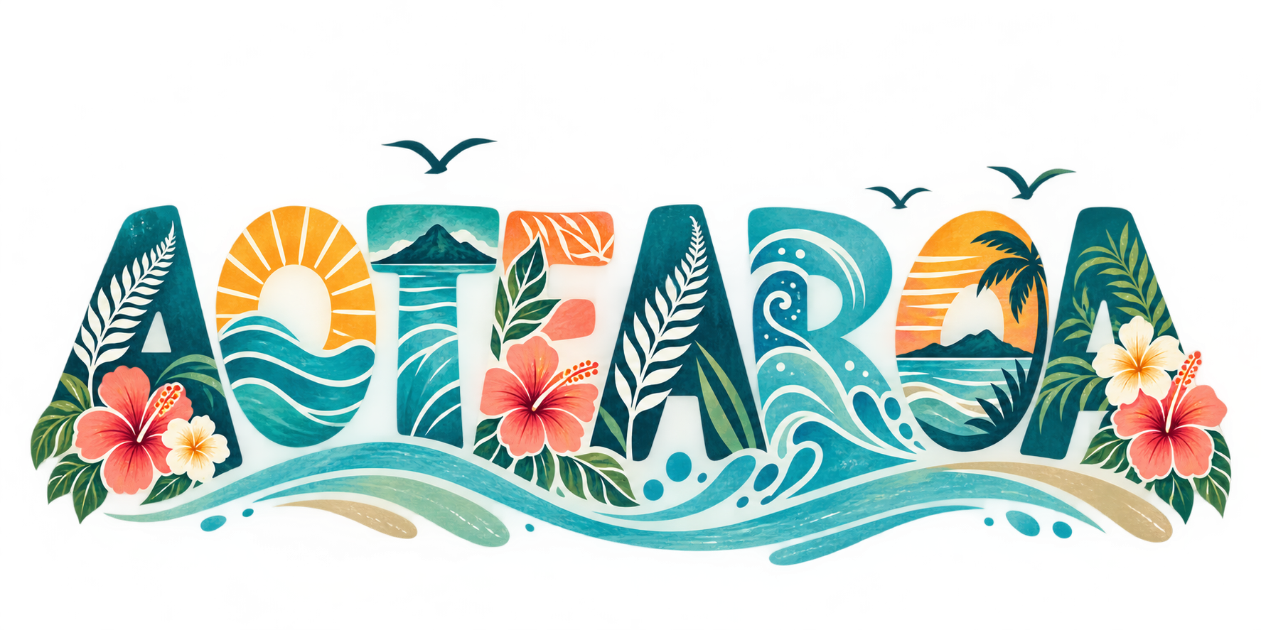 Aotearoa artwork with tropical coastal lettering, flowers and waves.